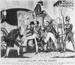 Le 13 février 1820, le duc de Berry est poignardé à la sortie de l’Opéra de la rue de Richelieu par un ouvrier sellier bonapartiste, Louis Pierre Louvel, qui avoua avoir eu pour but de « détruire la souche des Bourbons ». 