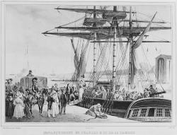 Charles X quittant Cherbourg le 16 août 1830 pour son exil anglais. Le roi embarque à bord du Great Britain, un voilier affrété et commandé par le capitaine Dumont d’Urville.