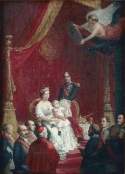Assise sur une estrade surmontée d’un dais, l’impératrice Eugénie tient le Prince impérial sur ses genoux