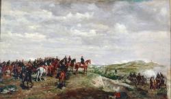 Napoléon III est représenté entouré de son état-major. Il s’est installé sur le mont Fenile,