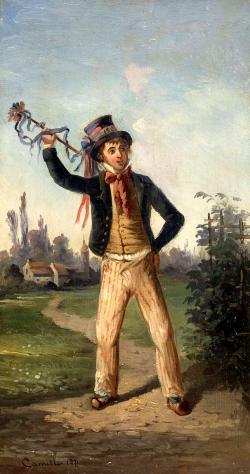 Un jeune conscrit avec un chapeau et un bâton à rubans