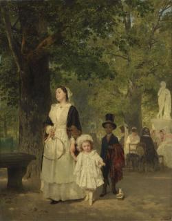 Une nurse promène une fillette accompagnée d'un jeune garçon noir au jardin du Luxembourg