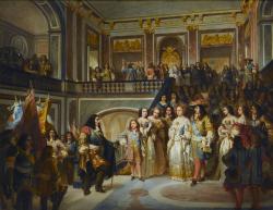 LOUIS XIV REÇOIT LE GRAND CONDÉ DANS LE GRAND ESCALIER DE VERSAILLES APRÈS SA VICTOIRE DE SENEFFE EN 1674