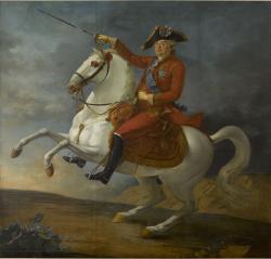 Louis XVI est représenté sur un cheval cabré. Il porte un habit rouge sur lequel on aperçoit les ordres du Saint-Esprit et de la Toison d’or.