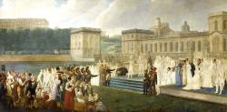 Un peintre, sans doute Louis Dupré, a représenté un autre serment du roi, prêté en compagnie d’officiers de son armée. La scène pourrait se référer à un événement précis ou être une composition idéale, débutée en 1810 ou 1811.