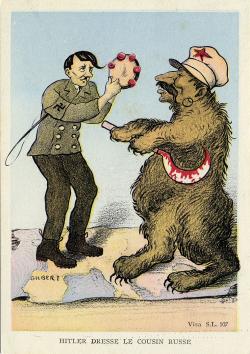 Hitler avec un tamborin fait danser Staline symbolisé par un ours