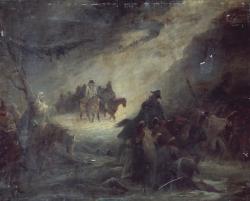 L’Episode de la retraite de Russie représente une campagne hivernale sinistre ; une trouée de lumière y met en valeur un groupe d’hommes à cheval.
