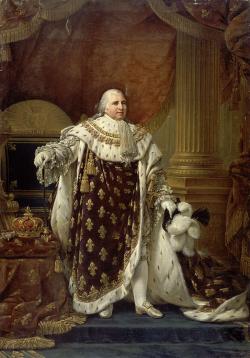Louis XVIII, pourtant fort de sa légitimité, accepte le principe d’une monarchie constitutionnelle. Les Regalia sont placés au premier plan, sur la même ligne que le roi 