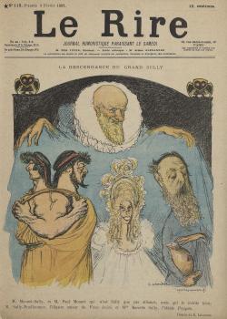 La descendance du grand Sully (Mounet-Sully, Paul Mounet, Sully-Prudhomme et Mlle Mariette Sully), parue dans Le Rire, n° 118, 6 février 1897 (défet de presse)