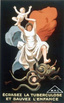 un personnage qui participe de l’infirmière (en tenue blanche) et d’une déesse ailée (le drapeau tricolore) écrase le mal, figuré par la pieuvre