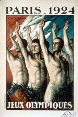 Cette affiche officielle des Jeux représente six athlètes, tous blancs et de sexe masculin, le torse nu et le bas du corps recouvert d’une étoffe blanche rappelant la tunique antique