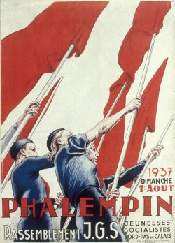 L’affiche des jeunesses socialistes du Nord-Pas-de-Calais appelle à une fête des jeunes gardes socialistes à Phalempin, municipalité socialiste du Nord, un peu plus d’un an après la victoire du Front populaire.