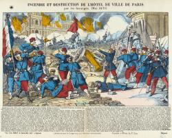 Cette lithographie montre l’armée de Versailles, en uniforme bleu et rouge, à l’offensive, guidée par les gradés, sabre au clair, dont l’un brandit le drapeau tricolore. 