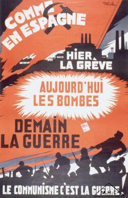 Affiche avec des silhouettes de soldats mourant sur fond rouge avec la faucille et le marteau