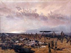 La troupe bivouaque en campagne et rêve collectivement des victoires de la Grande Armée de Napoléon surgissant dans une nuée. 