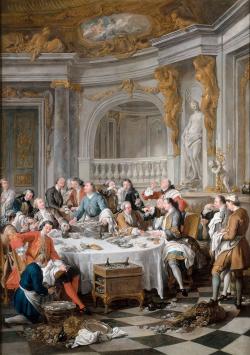 des hommes participent à un repas d’après chasse pris dans un décor fastueux, où huîtres et bouteilles de champagne évoquent la volupté et les plaisirs des sens