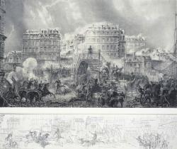 Le centre de la composition n’est plus occupé par le gamin de Paris, de face, mais par le général Cavaignac, de dos sur la passerelle du canal (Bonhommé)