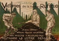 un mineur allemand forcé de travailler sous la menace d’une baïonnette brandie un soldat français, en face mineur français qui s’adresse à son camarade allemand 