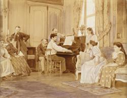 La photographie montre Debussy au piano à Luzancy, propriété louée par Ernest Chausson sur les bords de la Marne en 1893.