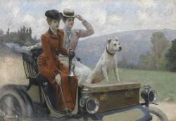 Les Dames Goldsmith au bois de Boulogne sur une voiturette Peugeot