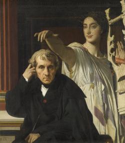 Homme habillé en noir, Cherubini, avec une femme (muse) tenant une lyre