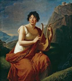 Une femme en robe empire dans un paysage joue de la lyre