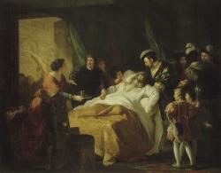 Un homme, Léonard de Vinci, agonise dans son lit entouré d'un médecin et du roi François Ier