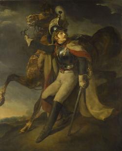 Cuirassier de l'armée de Napoléon bléssé tenant son cheval à la main