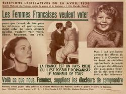 Affiche sur la revendication du vote des femmes en 1936