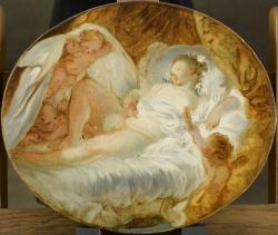 femme, allongée sur un lit avec des putti