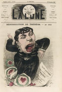 Caricature d'une diva, en robe de velours ornée de dentelle, avec des bouquets de fleurs rouges à ses pieds