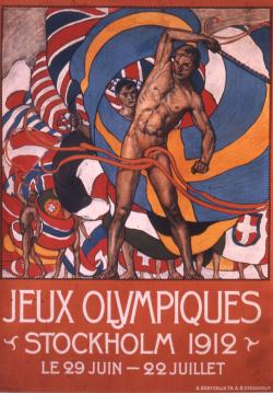 affiche des Jeux olympiques de Stockholm 1912, homme nu avec des drapeaux