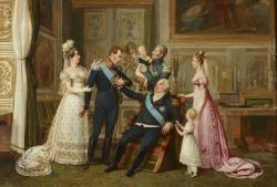 Louis XVIII entouré de sa famille reçoit le duc d'Angouleme