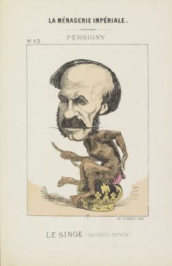 caricatured'un homme avec un grosse tête, un corps de singe assis sur une couronne