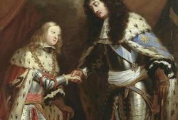 le roi de France et le roi d'Espagne, en armure, se tiennent la main, au-dessus une colombe de la paix