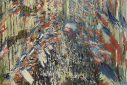 rue pavoisée de drapeaux tricolores et foule