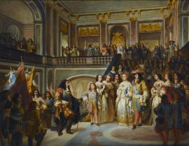 Louis XIV recevant Louis II de Bourbon, dit le Grand Condé, à Versailles après la bataille de Senef, novembre 1674