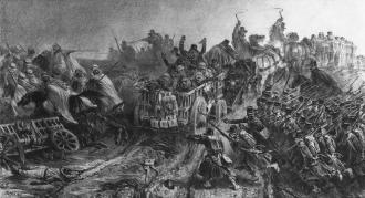 Episode de la retraite de Constantine en novembre 1836, attaque d'un convoi de blessés par les arabes le 24 novembre 1836.