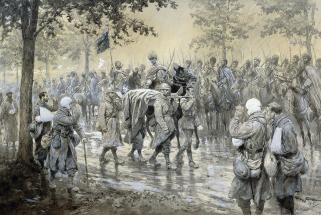 Le Général Marchand, grièvement blessé, est ramené vers l'arrière