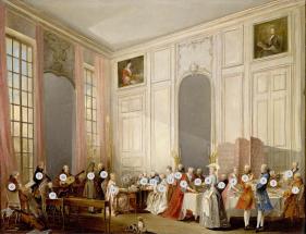 Le Thé à l'anglaise servi dans le salon des Quatre-Glaces au palais du Temple à Paris en 1764 [les personnages].