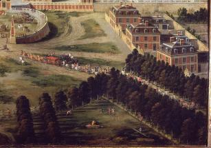 Vue du château et des jardins de Versailles (détail).