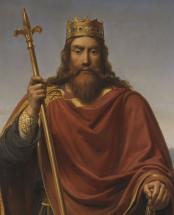 Peinture du XIXe siècle de Clovis avec la couronne et un sceptre