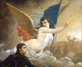 Une femme ailée avec un drapeau tricolore avec un soldat