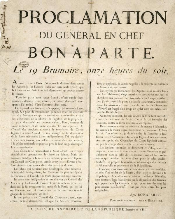 Proclamation de Bonaparte, 19 brumaire an VIII.