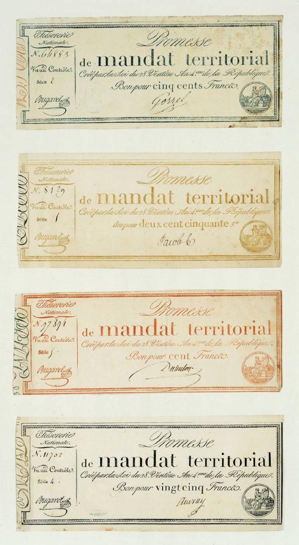 Mandats territoriaux de cinq cents, deux cent cinquante, cent et vingt-cinq francs.