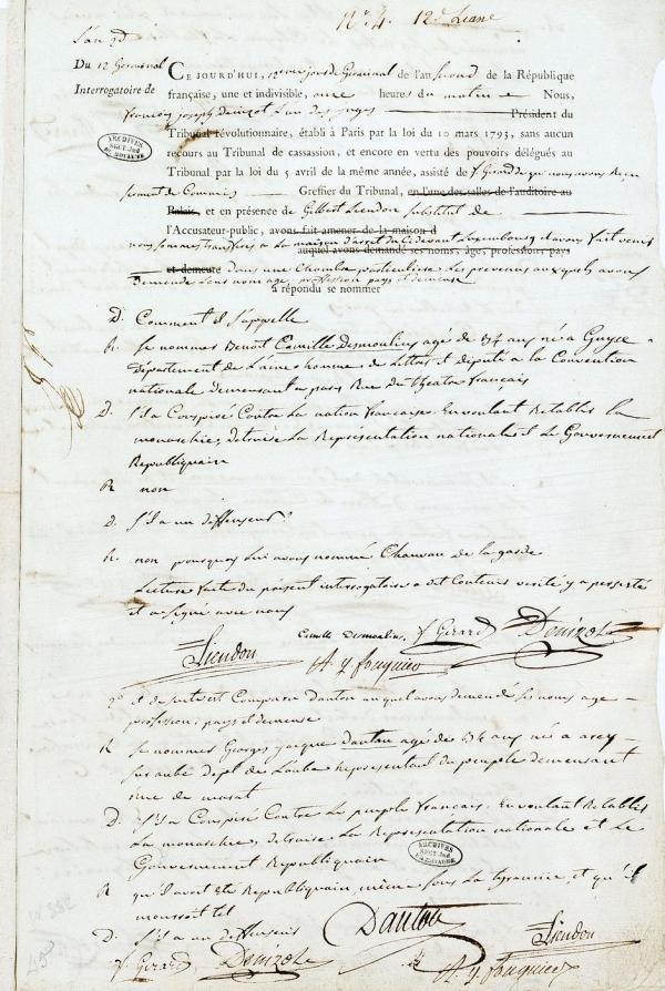 Interrogatoire de Camille Desmoulins et de Danton (12 germinal an II/1er avril 1794).