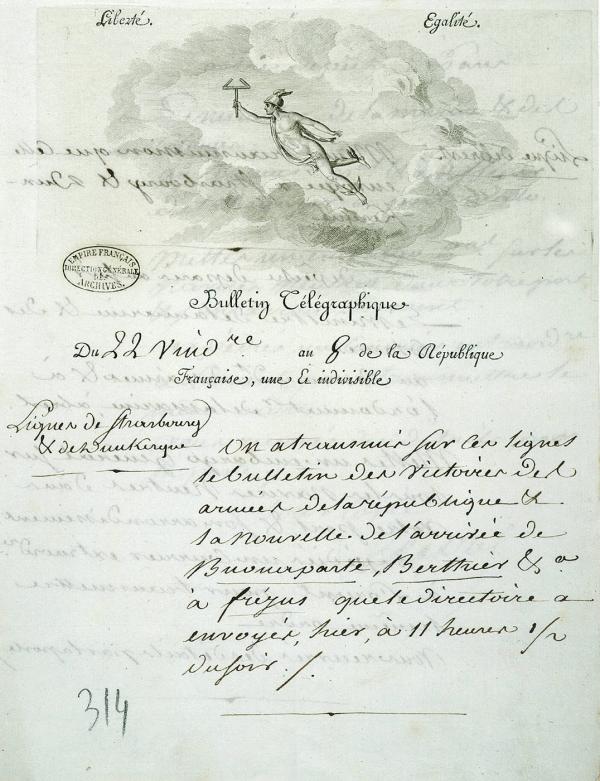 Bulletin télégraphique du 22 vendémiaire an VIII annonçant le débarquement de Bonaparte à Fréjus.