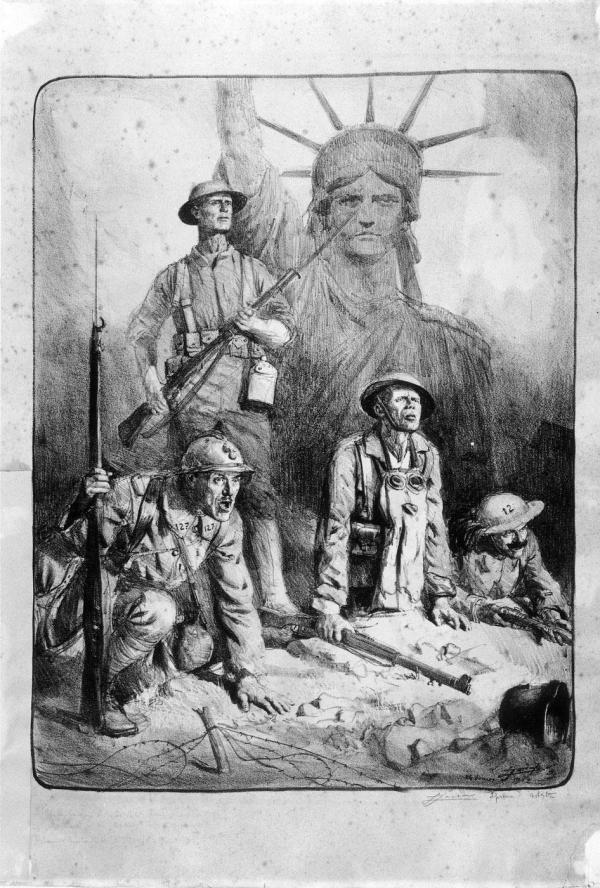 Quatre soldats - un Français, un Anglais, un Italien et un Américain - avec la statue de la Liberté
