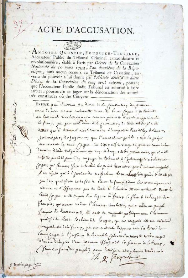 Acte d'accusation du procès de Marie-Antoinette devant le Tribunal révolutionnaire.
