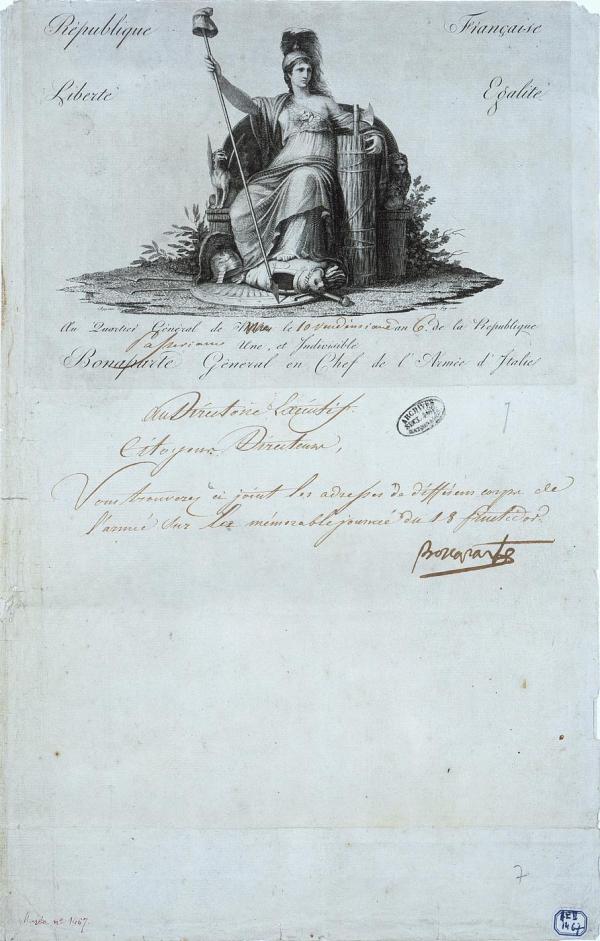 Papier à vignette de l'armée d'Italie, à en-tête du général en chef Bonaparte.